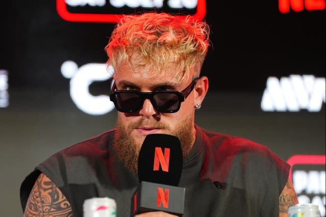 <p>Jake Paul at a press conference for his delayed fight with Mike Tyson</p>