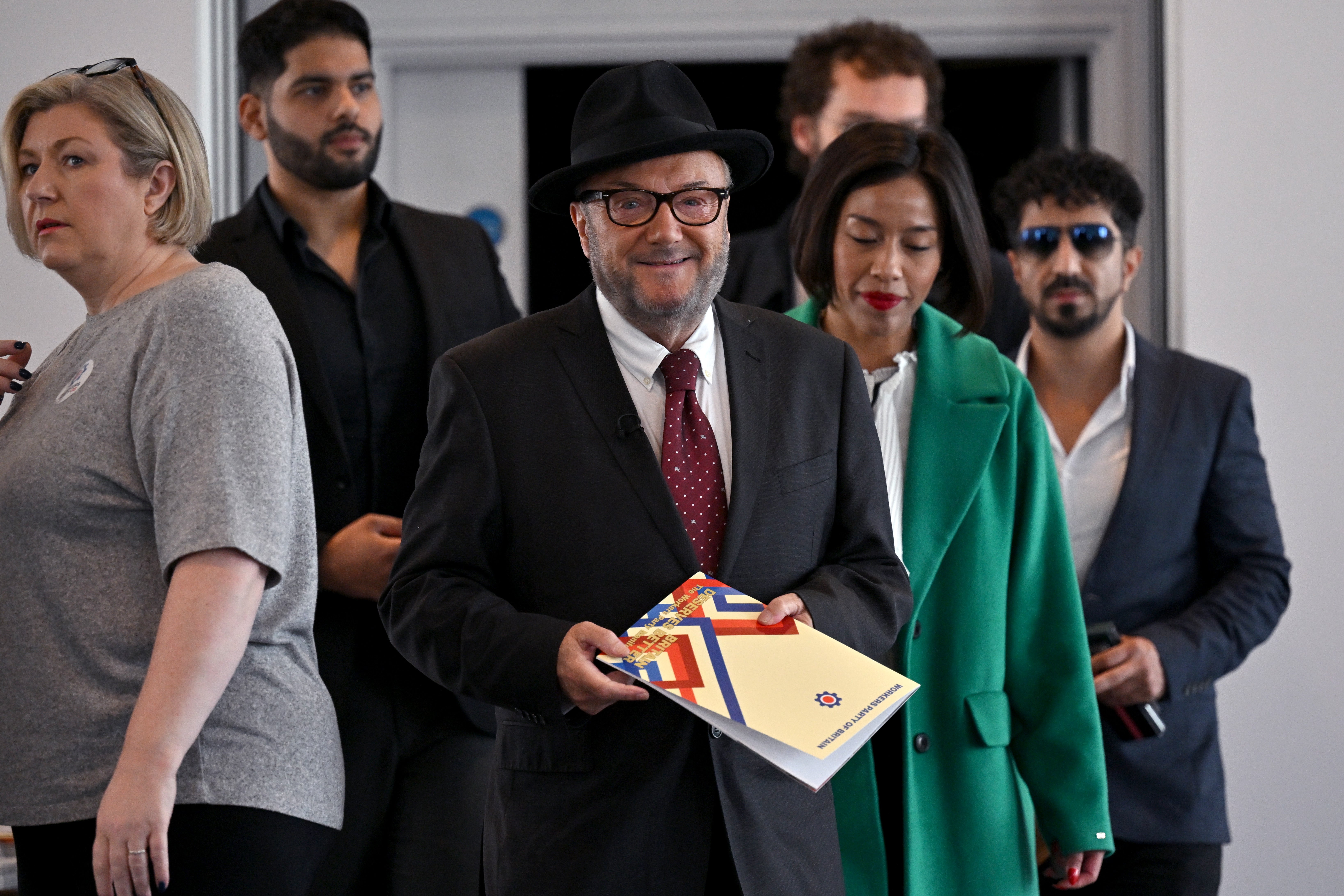 Leader of the Workers Party of Britain George Galloway arrives ahead of his party's manifesto launch at the Voco hotel in Manchester