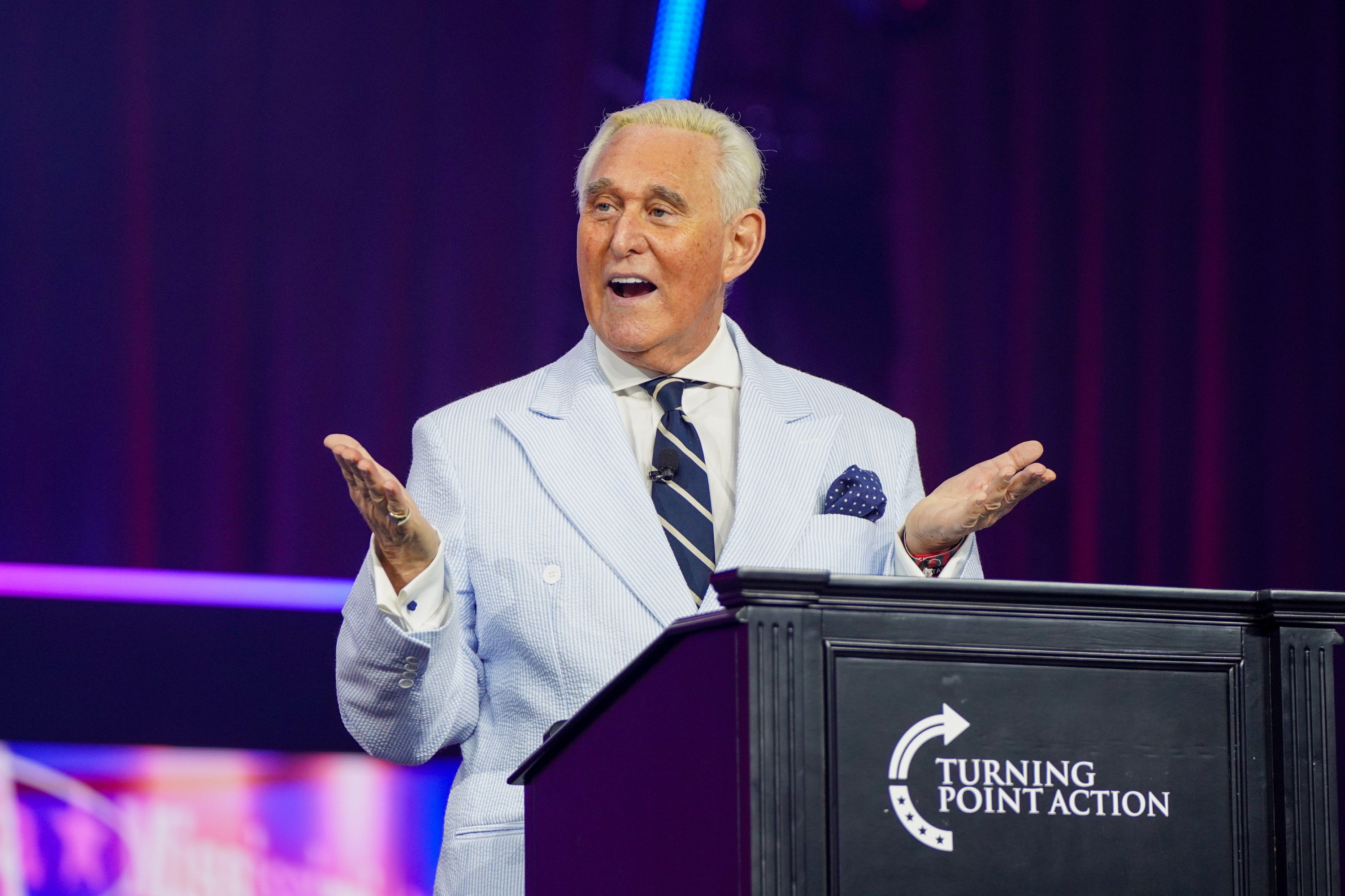 Political consultant Roger Stone speaks at The People’s Convention, a gathering of prominent conservatives organized by the political group Turning Point Action, in Detroit. A new secert recording reveals his plan to help Trump challenge the 2024 election.