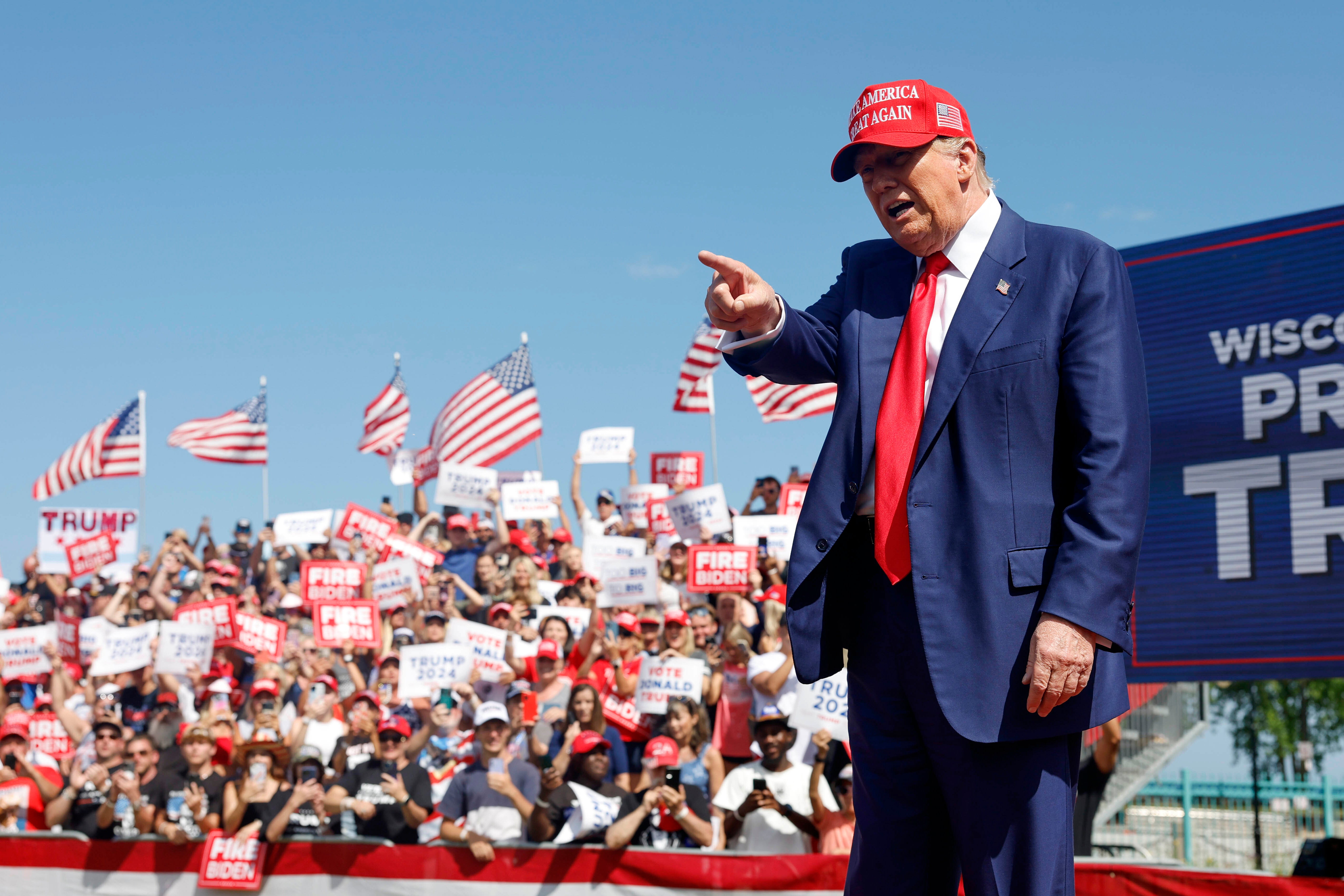 Donald Trump speaks to supporters in Wisconsin on June 19. He called Joe Biden’s student debt relief plans ‘vile’ and suggested they would be ‘rebuked’ in court.