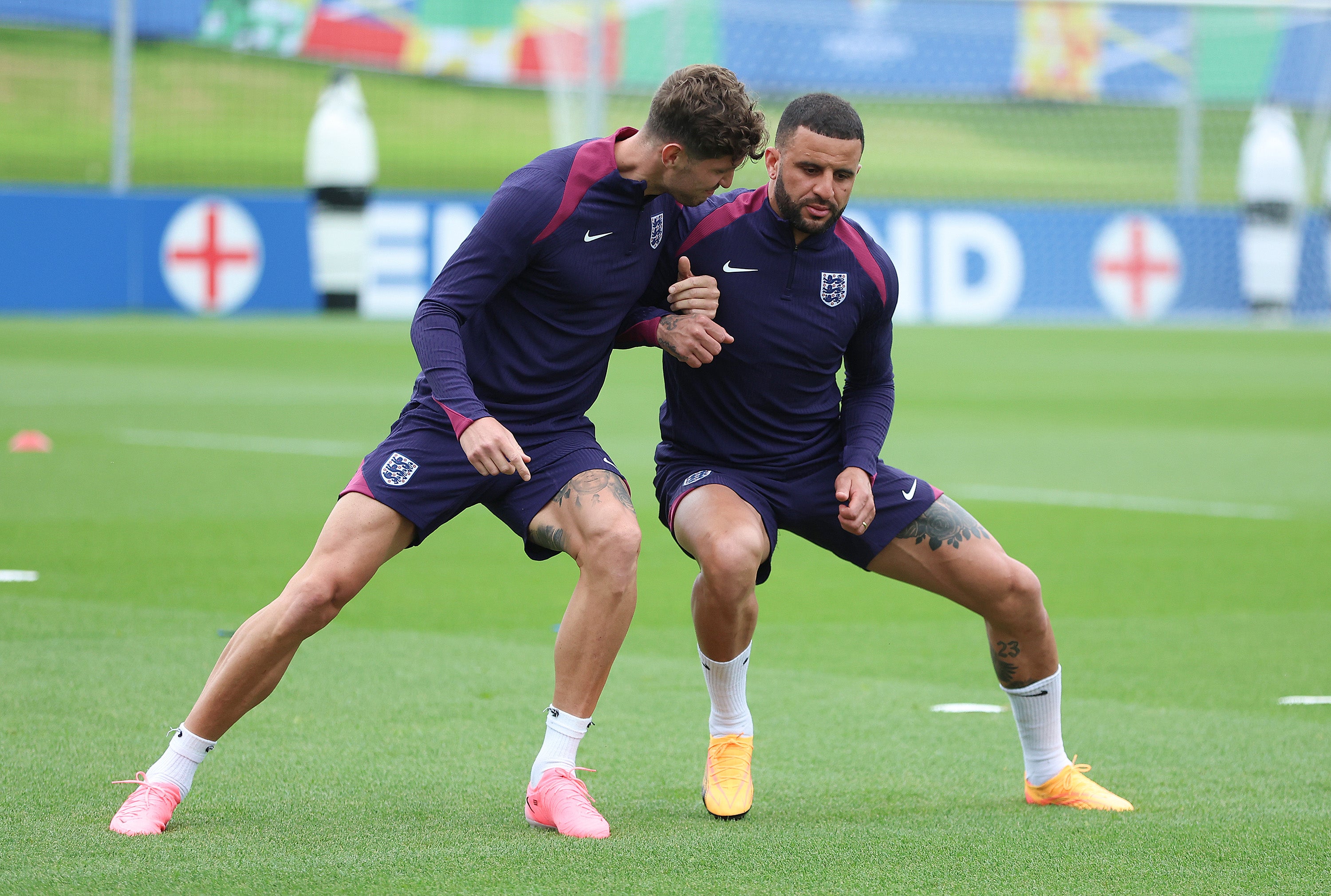 Manchester City defenders John Stones and Kyle Walker during England training