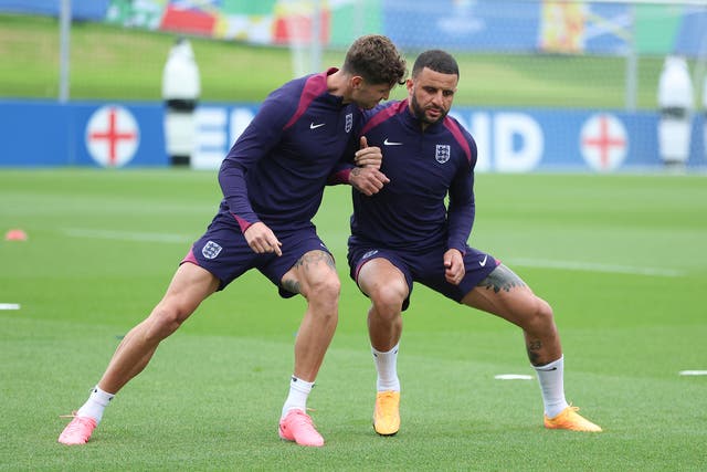 <p>John Stones and Kyle Walker during England training</p>