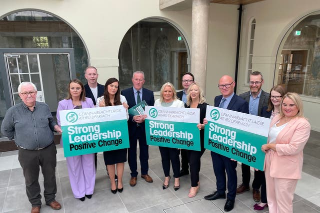 Sinn Fein General Election candidates and Stormont Economy Conor Murphy (fifth from left) at the launch of the party’s manifesto at the Eileen Howell Centre in west Belfast on Wednesday (Rebecca Black/PA)