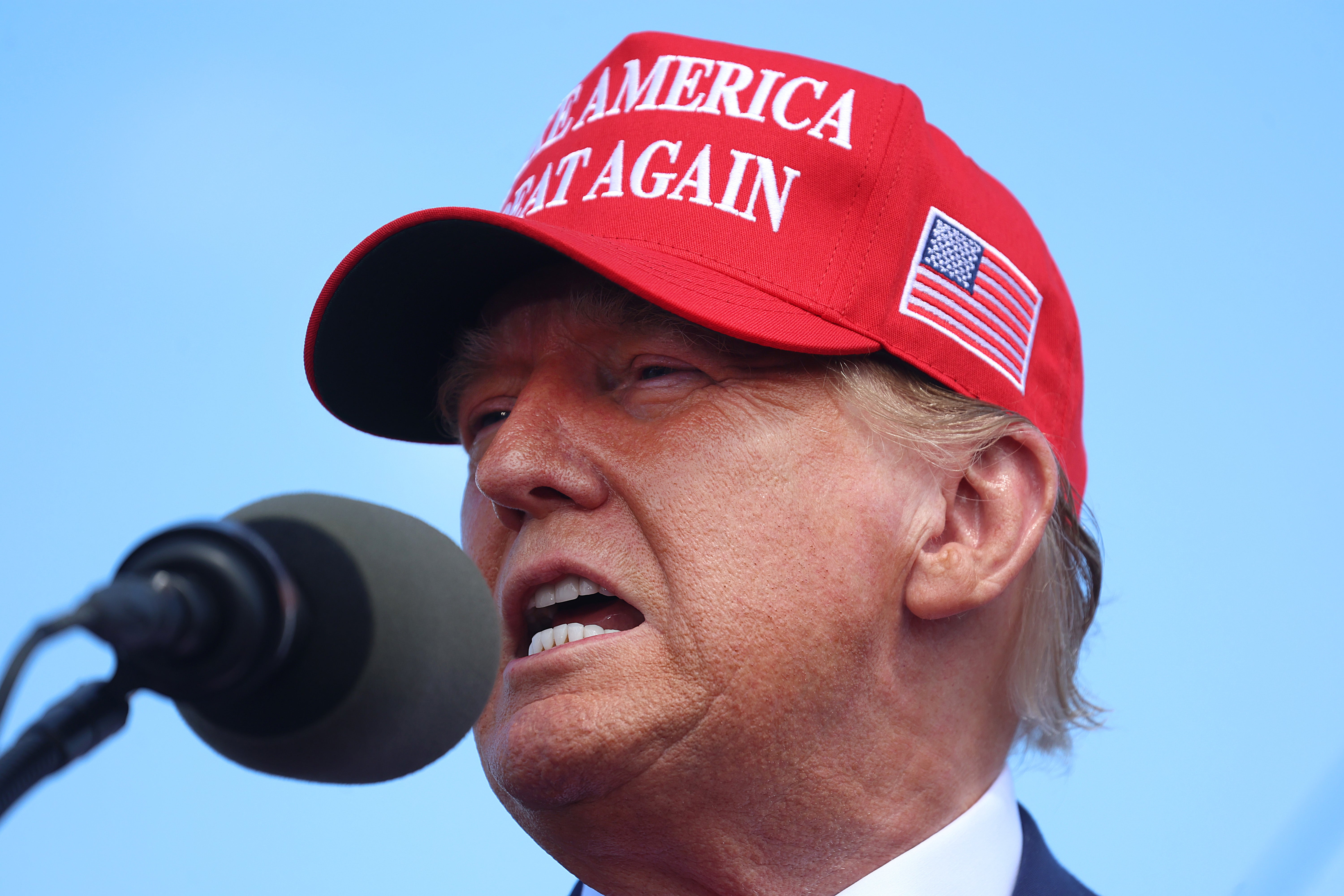 Donald Trump, pictured, speaks during a campaign rally on June 18. His media company is facing a difficult month, with share prices dropping more than 40% in the last three weeks.
