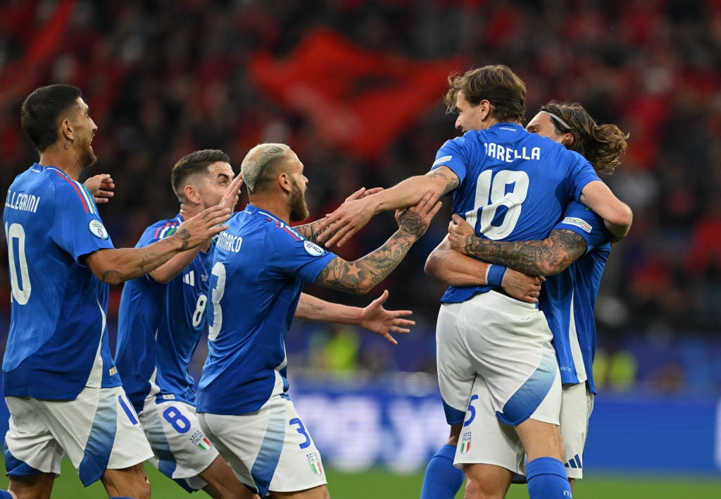 Nicolo Barella celebrates scoring Italy’s second goal against Albania