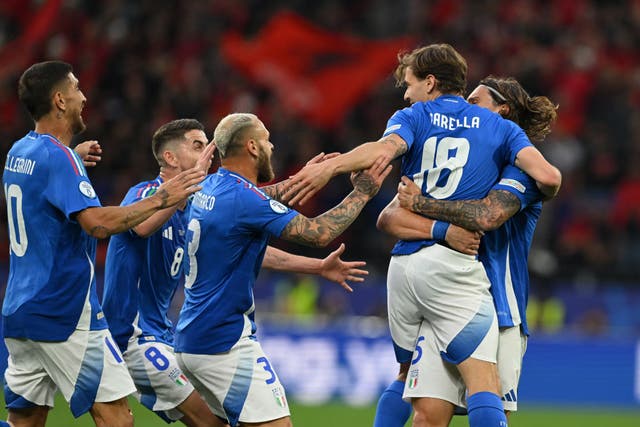 <p>Nicolo Barella celebrates scoring Italy’s second goal against Albania </p>