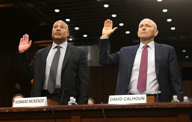 <p>Boeing president and CEO Dave Calhoun and Boeing chief engineer Howard McKenzie are sworn in during a Senate Homeland Security and Governmental Affairs Committee Investigations Subcommittee hearing to examine ‘Boeing’s broken safety culture’ on Capitol Hill in Washington, DC, 18 June 2024</p>