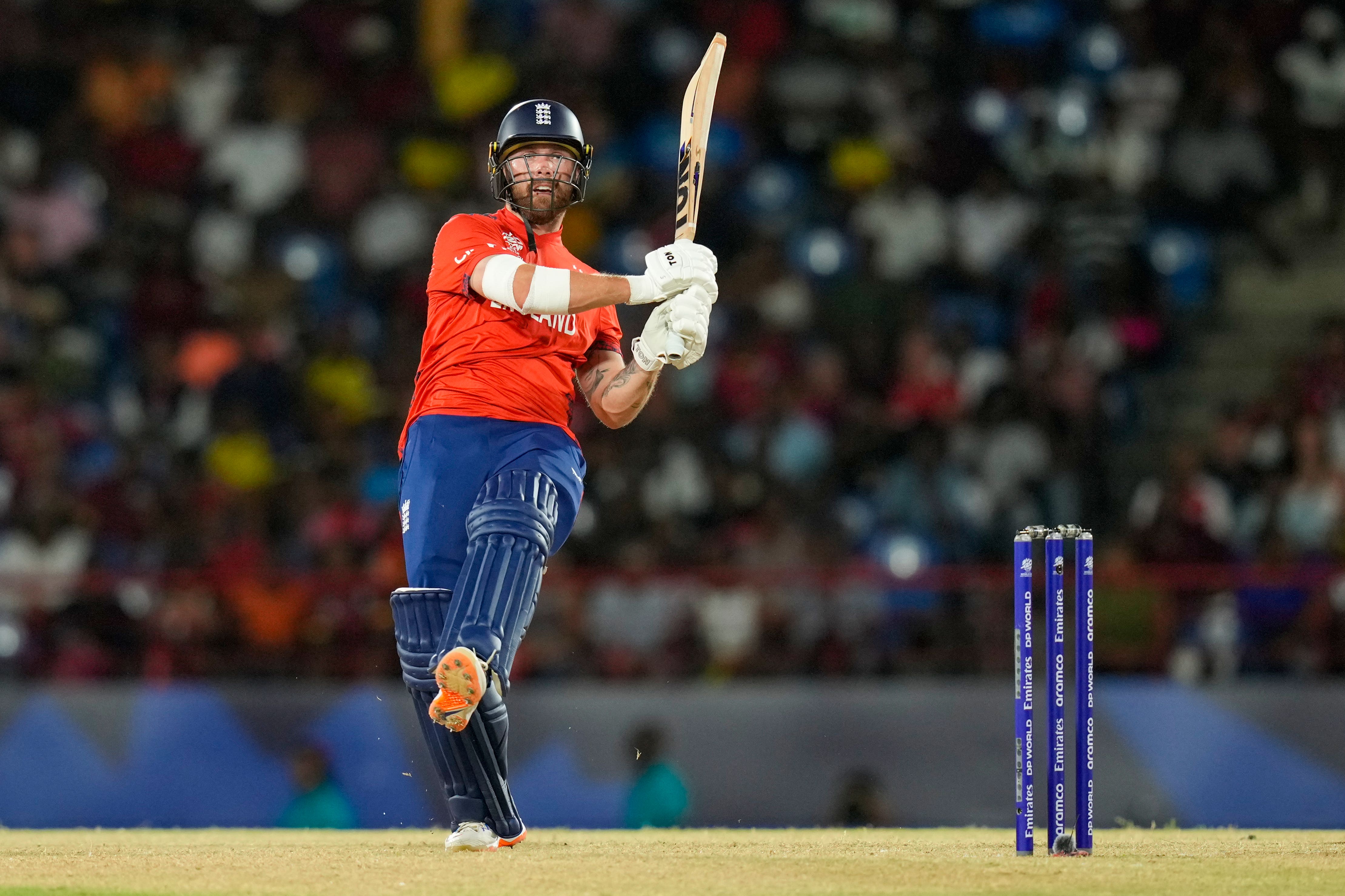 England’s Phil Salt bats during the men’s T20 World Cup cricket match between England and the West Indies (Ramon Espinosa/AP)
