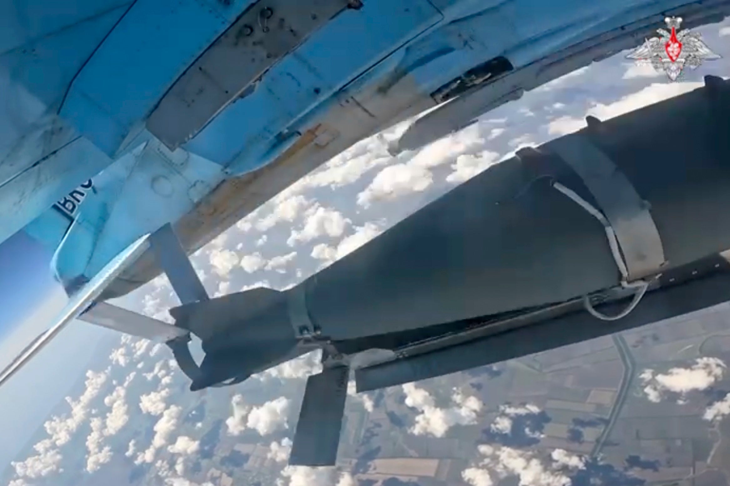 In this photo taken from an undated video released by the Russian Defense Ministry shows a glide-guided bomb being released by a Russian air force jet at an undisclosed location