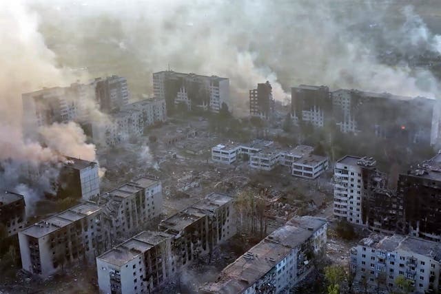 <p>This image taken from a video released by the Ukrainian Tsunami Assault Regiment, Liut Brigade, shows the northeastern frontline town of Vovchansk, Ukraine, during heavy bombardment by Russian forces May 28, 2024</p>
