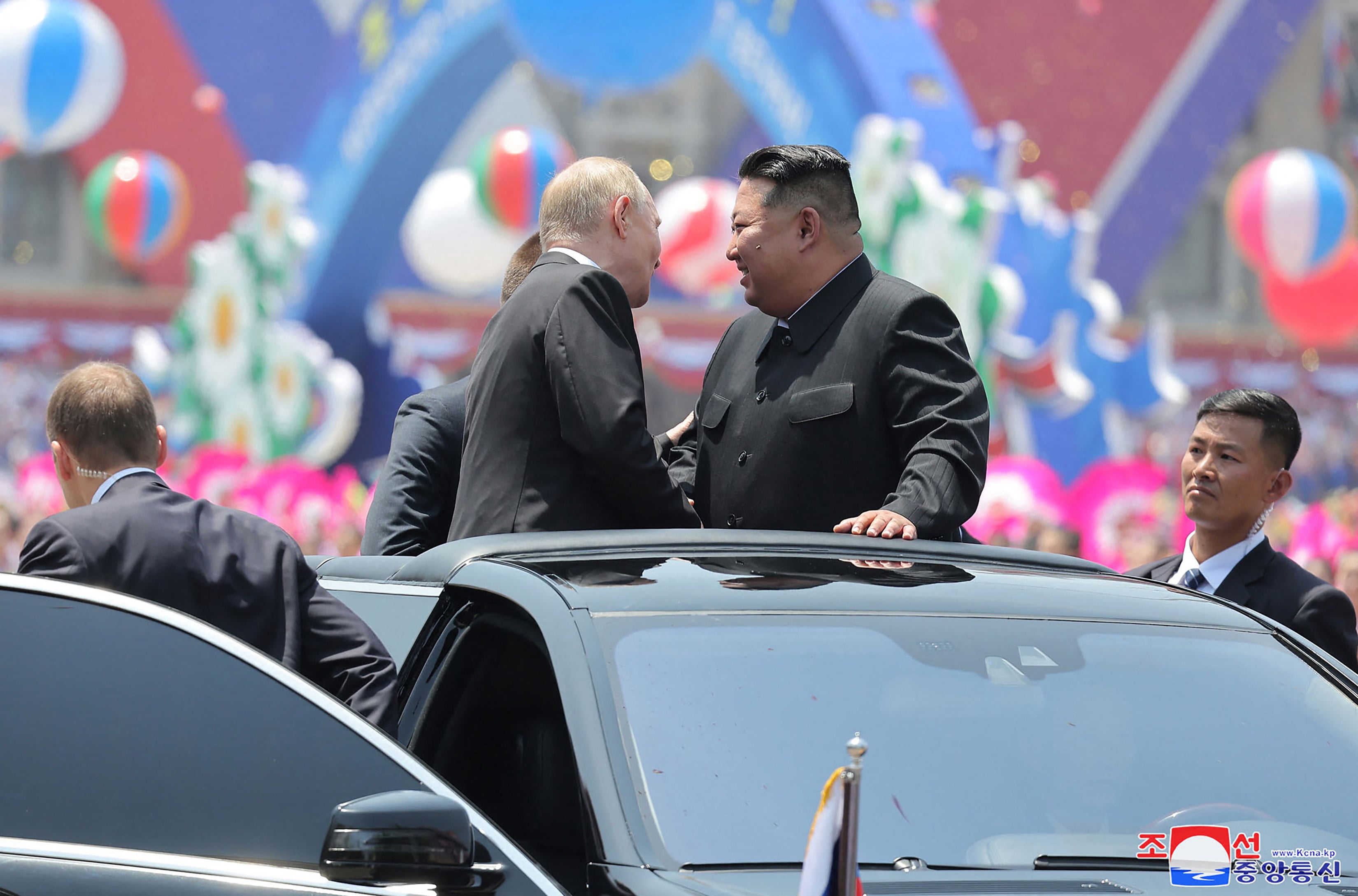All smiles as the leaders’ fledgling friendship is on full display at a rally in Pyongyang