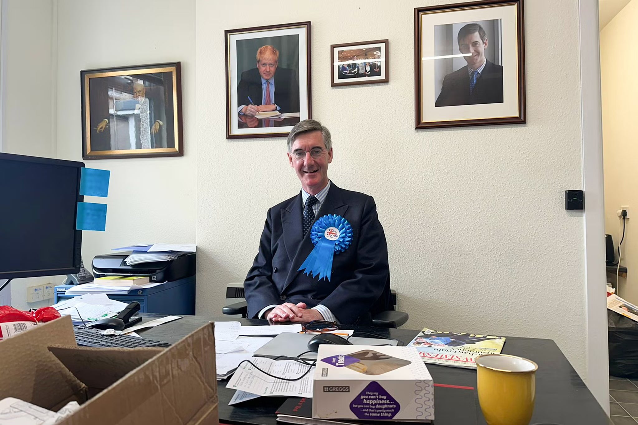 Jacob Rees-Mogg takes a break for lunch at the North East Somerset and Hanham Conservative Association office in Keynsham