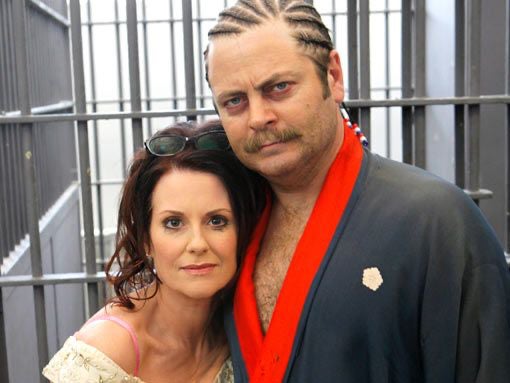 Nick Offerman and Megan Mullally as Ron Swanson and Tammy II in Parks and Recreation