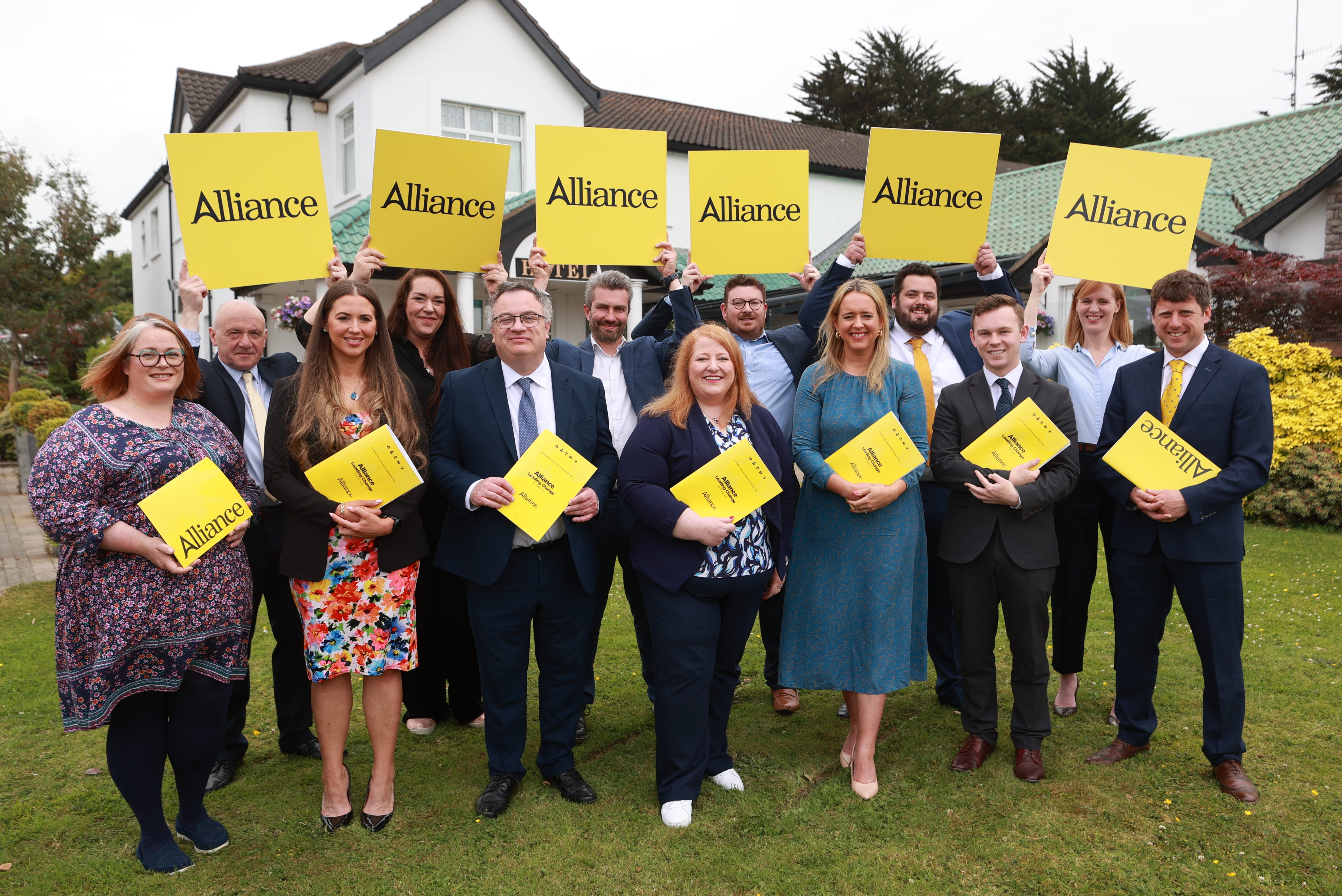 Alliance leader Naomi Long (centre) with the party's Westminster candidates during the party's General Election manifesto launch at the Ivanhoe Hotel in Belfast