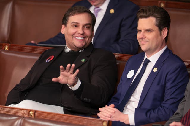 <p>Former U.S. Rep. George Santos (R-NY) (L) sits with Rep. Matt Gaetz (R-FL) at U.S. President Joe Biden’s State of the Union address during a joint meeting of Congress in the House chamber at the U.S. Capitol on March 07, 2024</p>