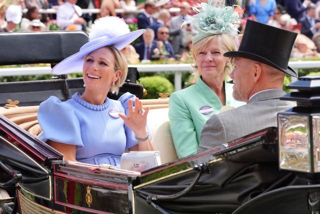 Zara Tindall (left). The Duchess of Richmond and Gordon centre) and Mike Tindall arrive by carriage during day three of Royal Ascot at Ascot Racecourse, Berkshire. Picture date: Thursday June 20, 2024.