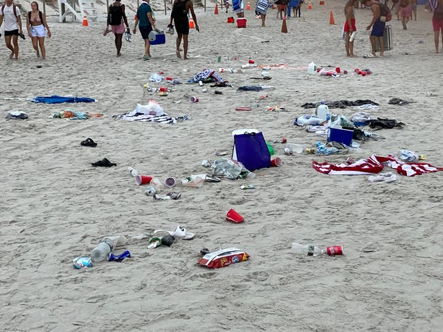 <p>Trash left behind on July 4, 2023 on a beach in Dennis, Massachusetts. There will be no daily parking passes sold at Mayflower, Chapin, and Bayview <a href="/topic/beaches">beaches</a> on the holiday this year, police say</p>