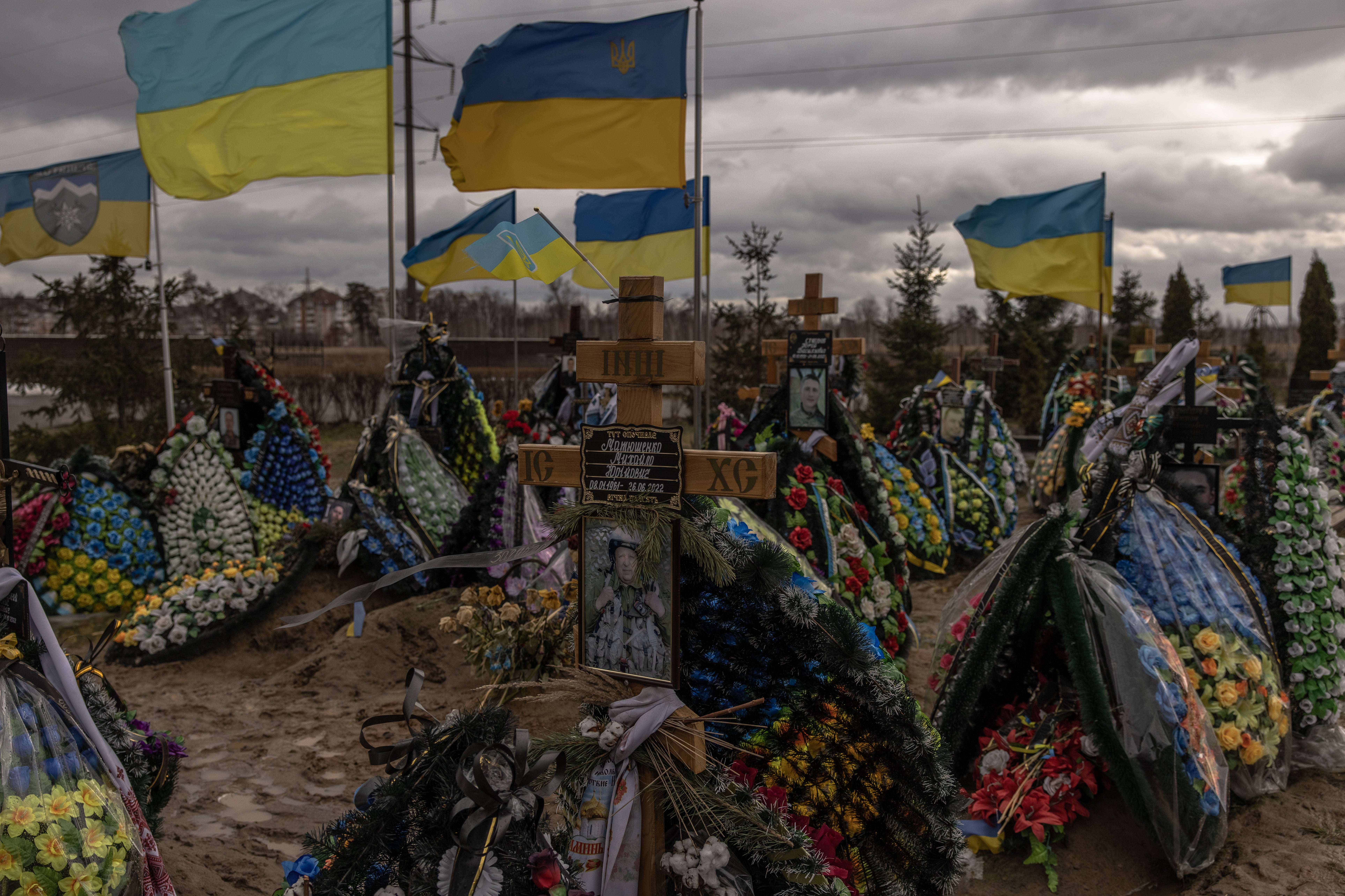 The graves of Ukrainian soldiers killed during the Russian invasion of Bucha, a suburb of Kyiv