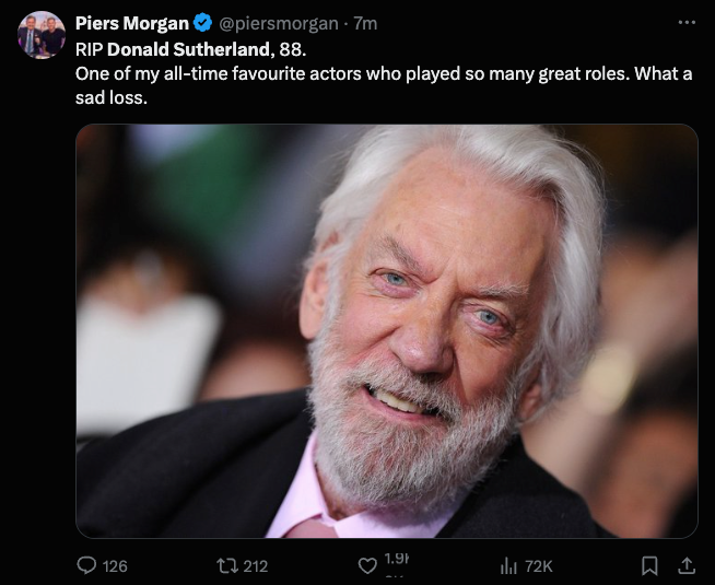 ‘What a sad loss,’ Piers Morgan said of Donald Sutherland’s death