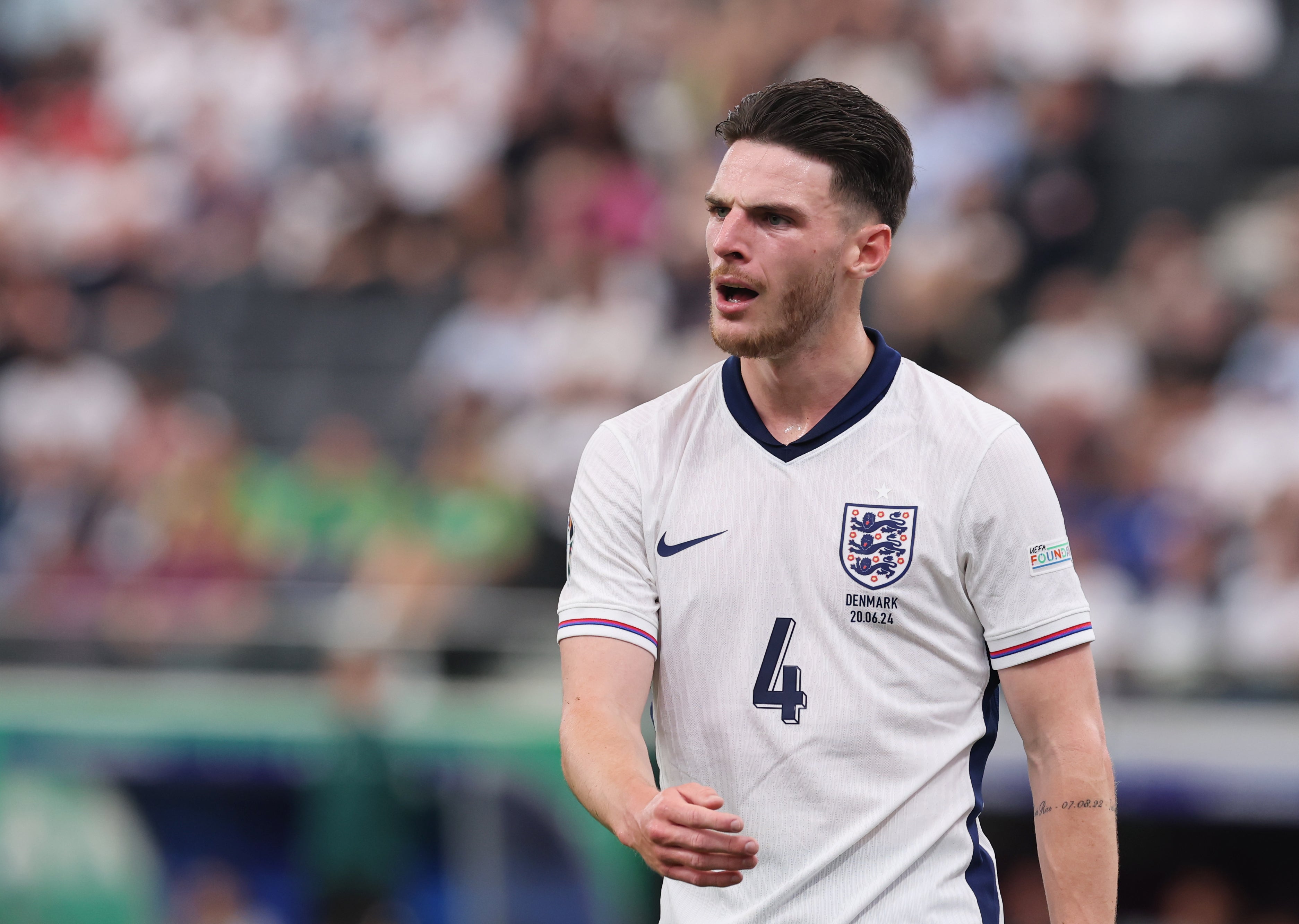 Declan Rice looks frustrated during England’s draw with Denmark
