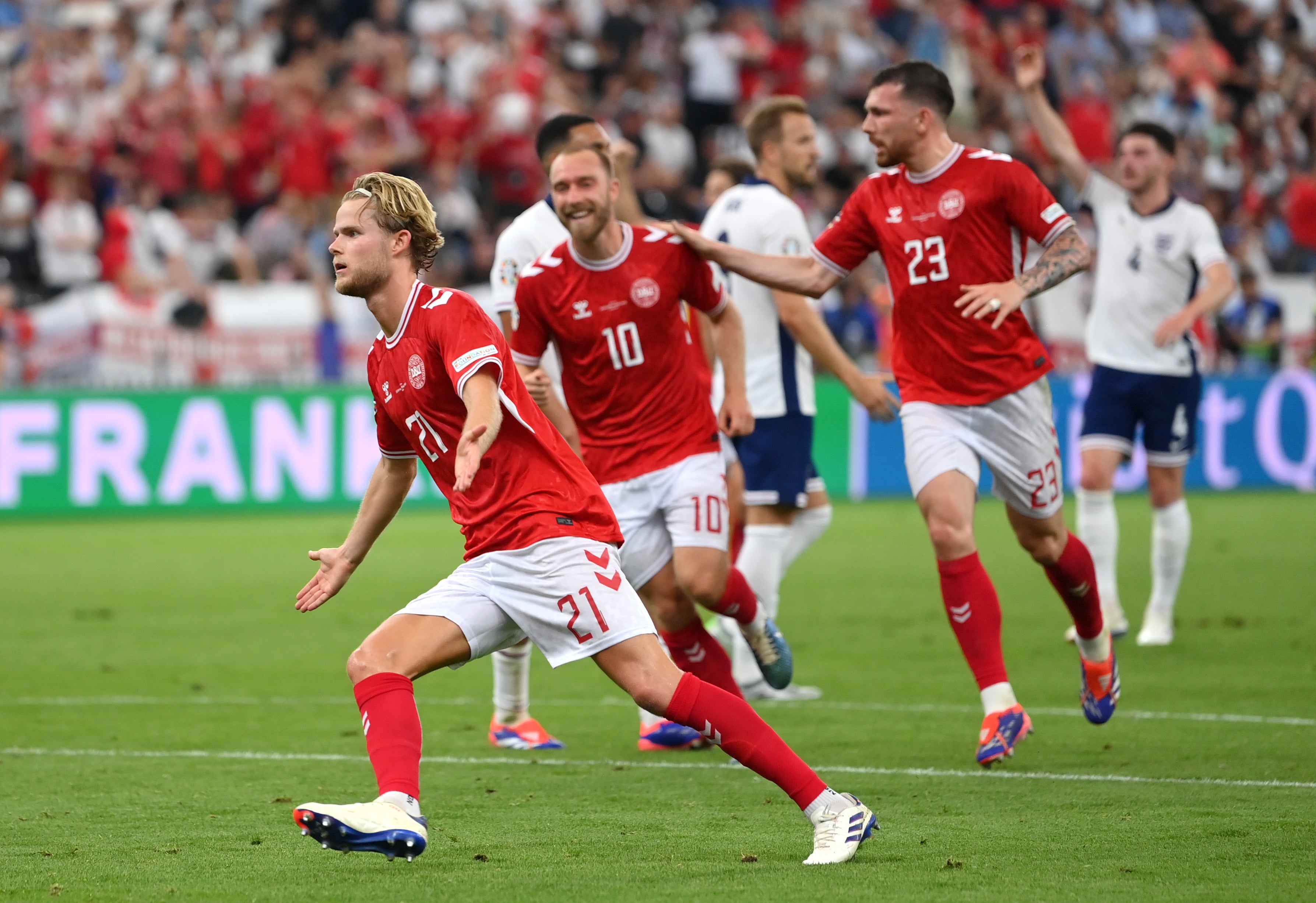 Morten Hjulmand celebrates scoring his team’s goal
