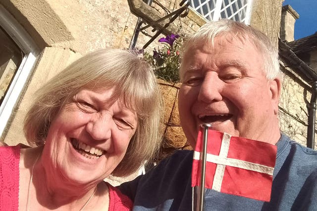 England supporter Michael Wild and his Danish wife, Joan, watched England face Denmark in Euro 2024 (Michael Wild/PA)