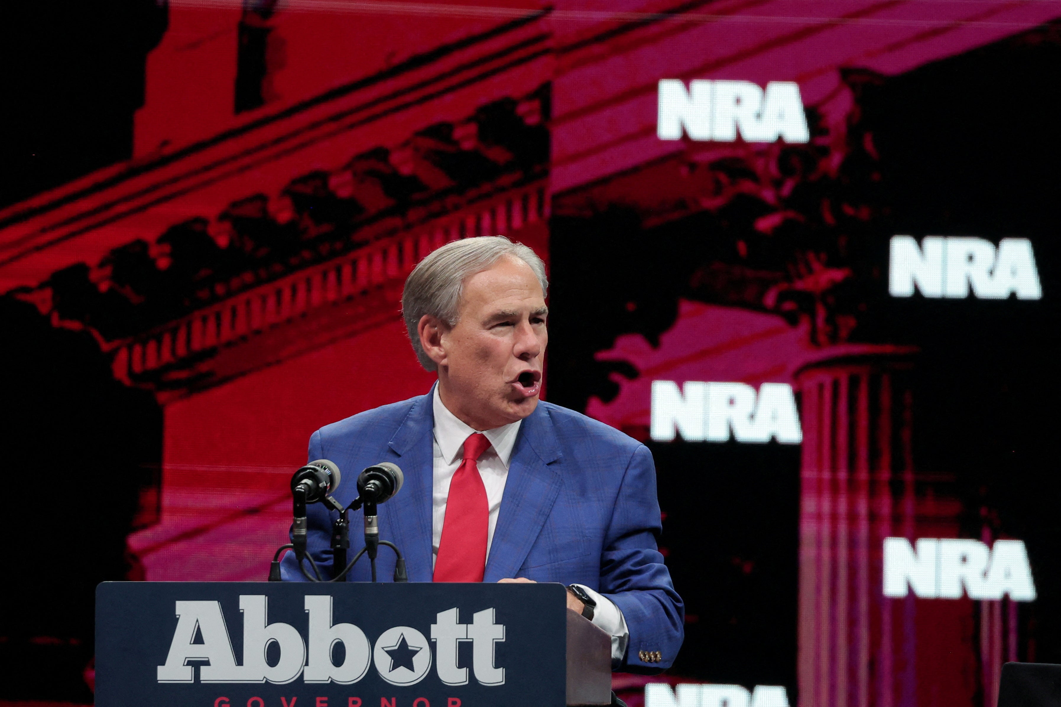 Texas Governor Greg Abbott speaks during the annual National Rifle Association meeting in Dallas on May 18