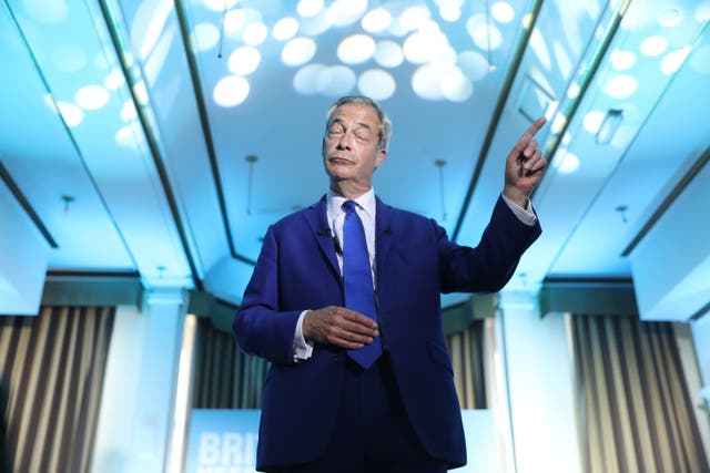 <p>Reform UK leader Nigel Farage speaks at an event at the Imperial Hotel in Blackpool (Tim Markland/PA)</p>