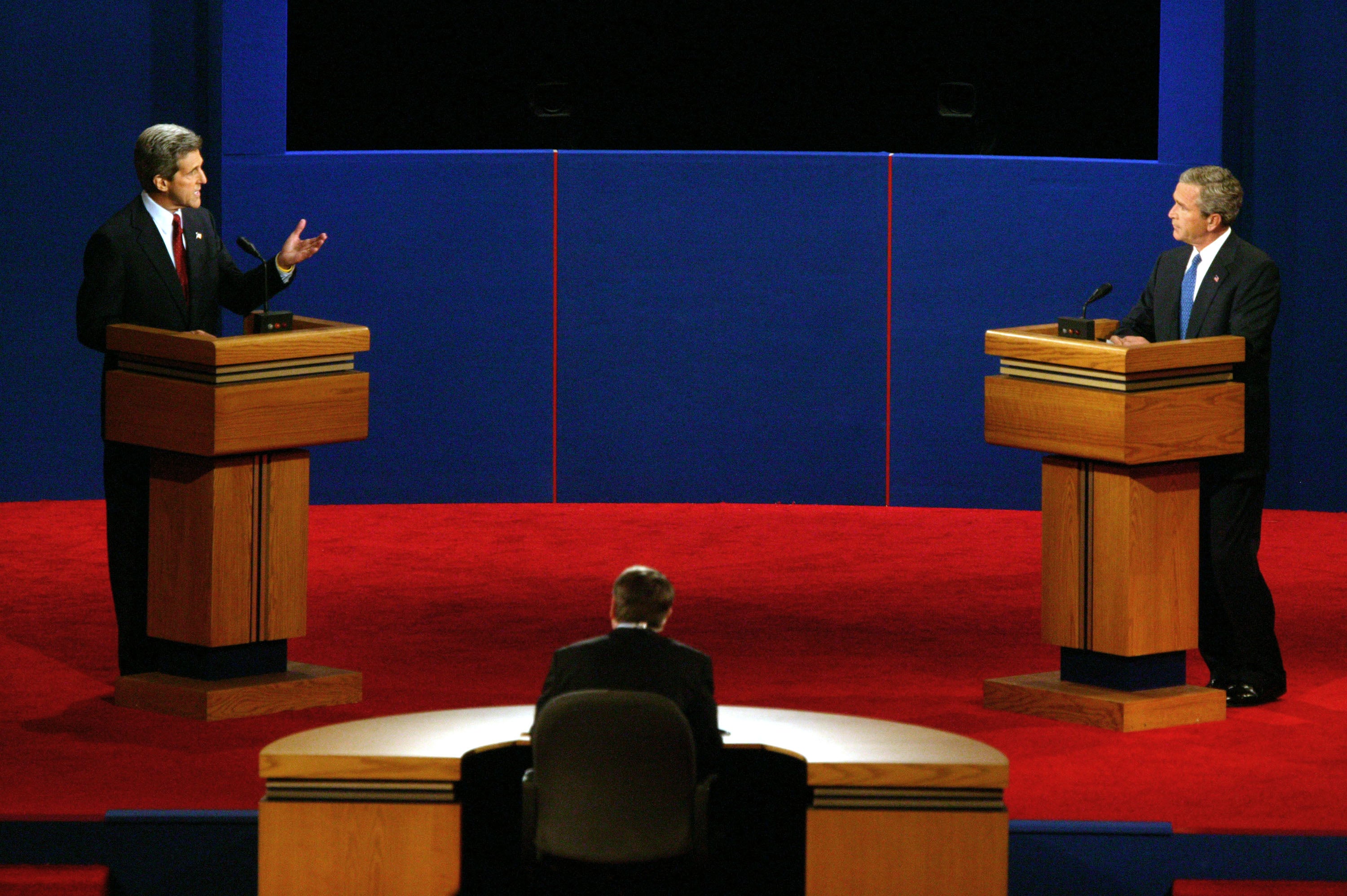 Kerry and Bush debate at the University of Miami on September 30, 2004 in Coral Gables, Florida