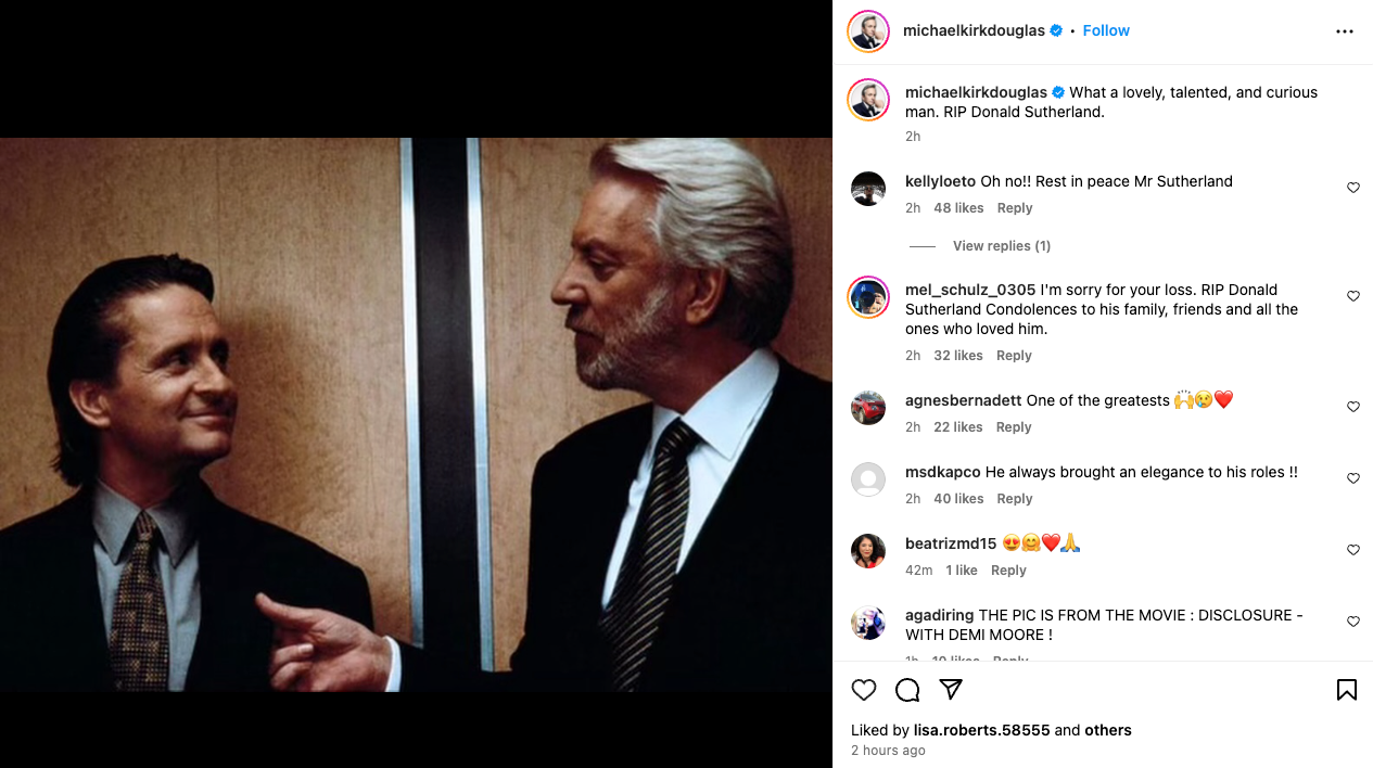 ‘What a lovely, talented, and curious man,’ Michael Douglas wrote on Instagram. ‘RIP Donald Sutherland'