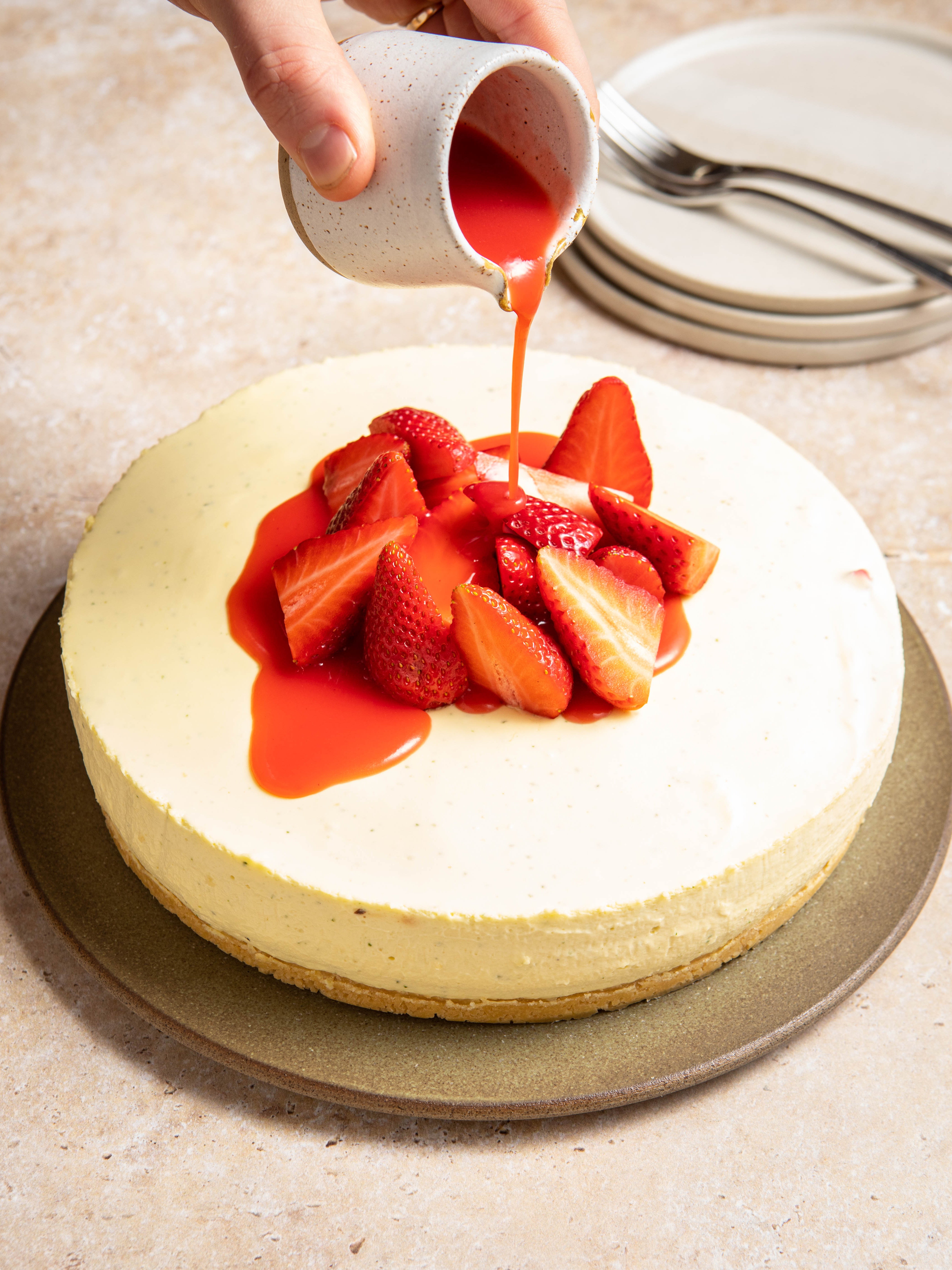 Tommy Banks’ strawberry and basil cheesecake features a no-bake shortbread base with a creamy basil-infused filling
