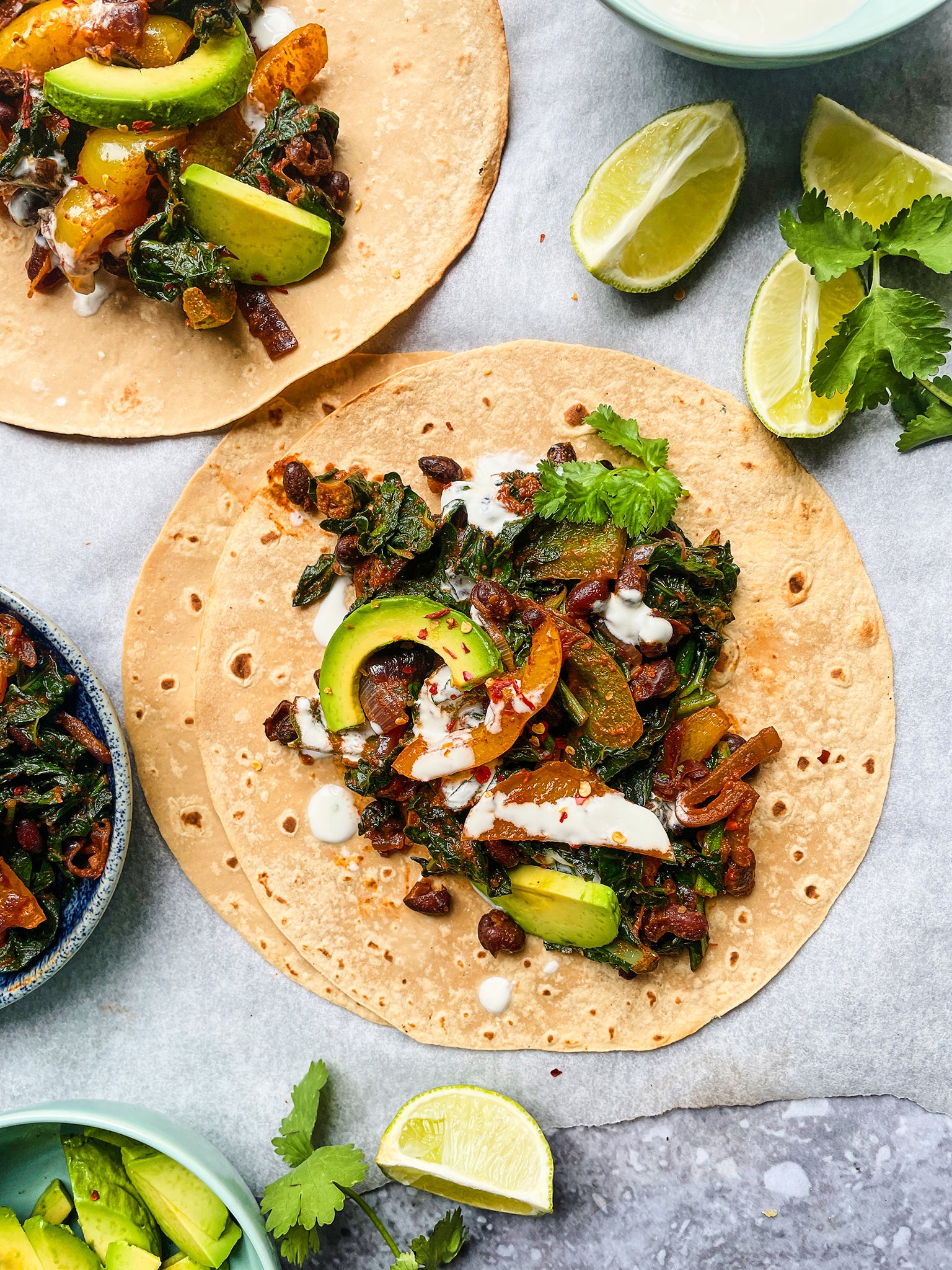 Made with black beans and juicy avocados, these fajitas are vegetarian-friendly and a source of fiber and protein.