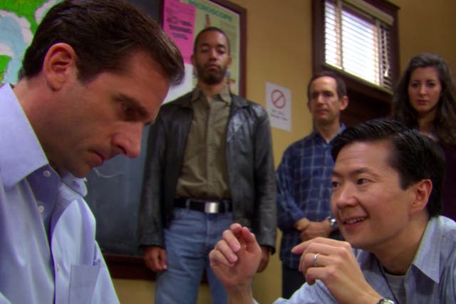 <p>Jen Jeong as Bill and Steve Carell as Michael Scott in The Office</p>