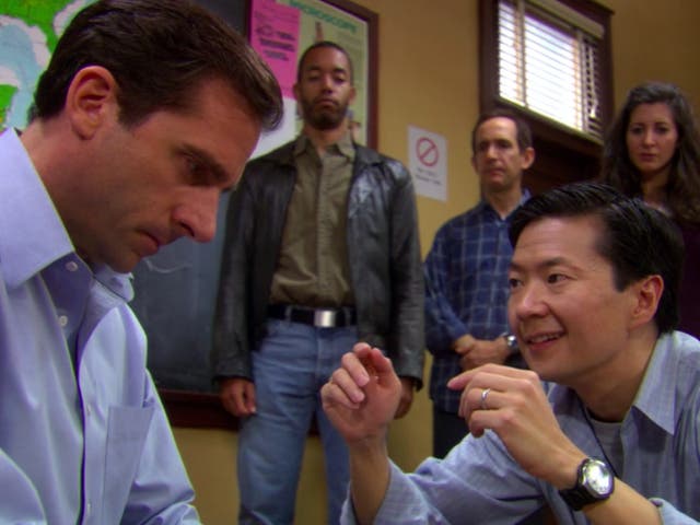 <p>Jen Jeong as Bill and Steve Carell as Michael Scott in The Office</p>