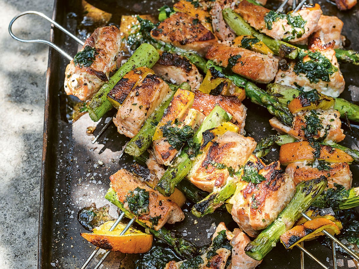 How to BBQ fish: Trout, asparagus and orange skewers with mint garlic oil