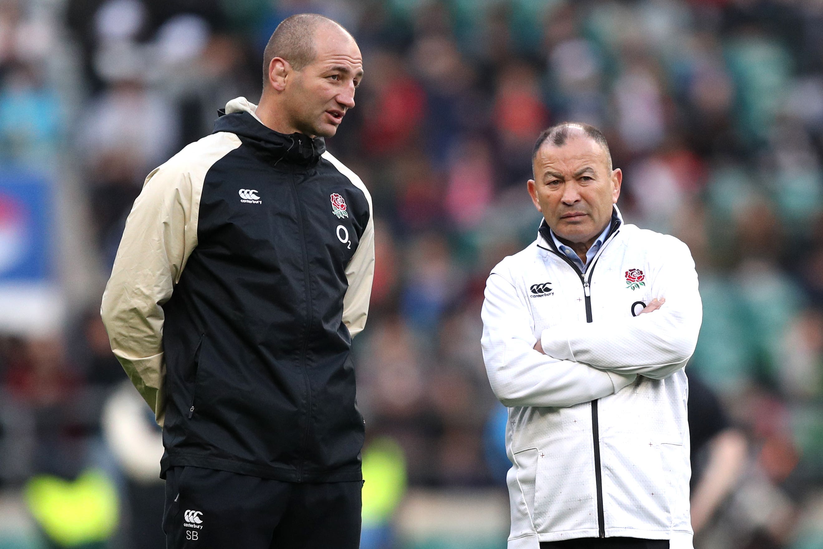 Former England coaching team Eddie Jones (right) and Steve Borthwick will go head to head this weekend (