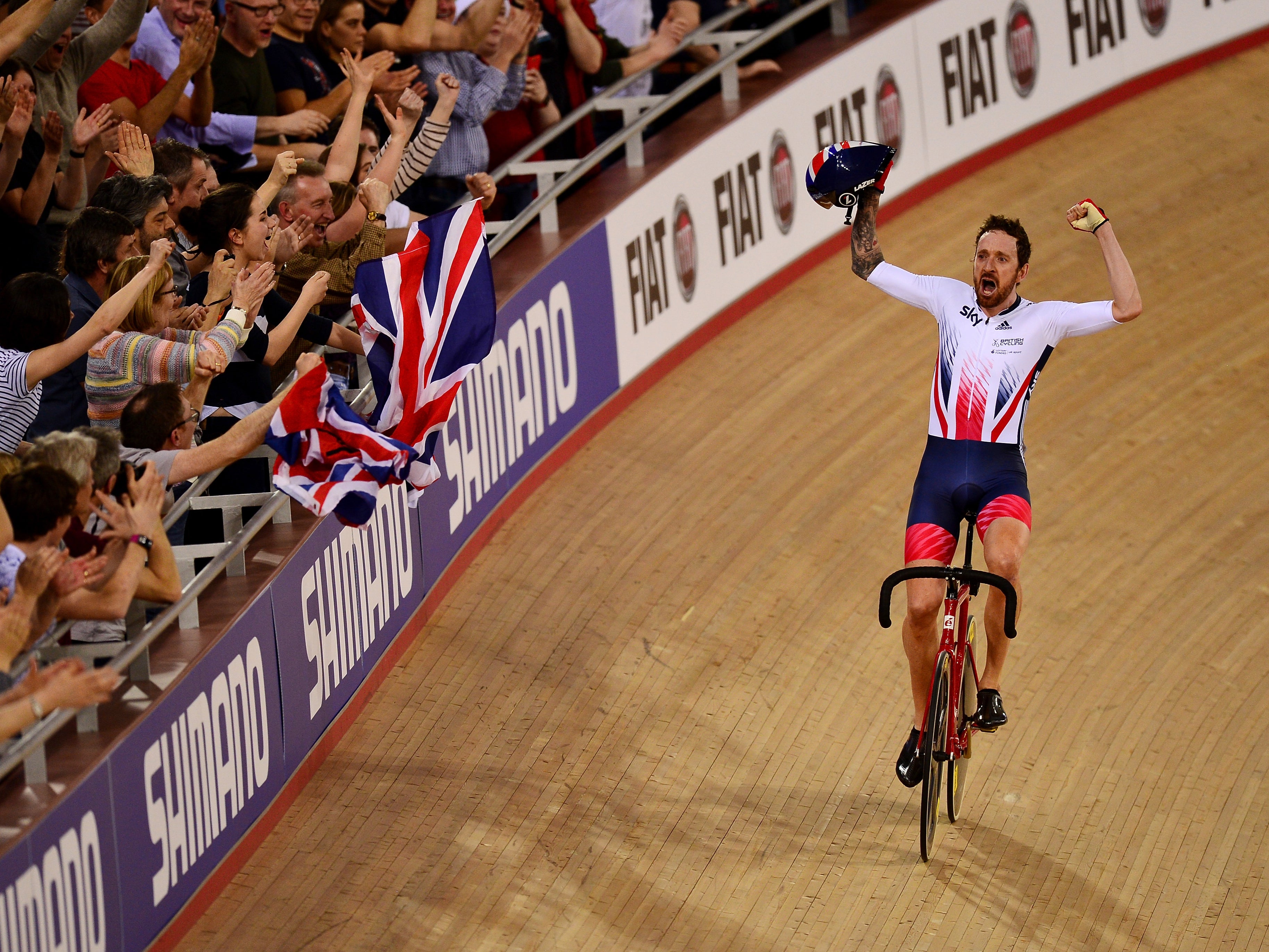 Wiggins celebrates winning the men’s final during the UCI Track Cycling World Championships in 2016