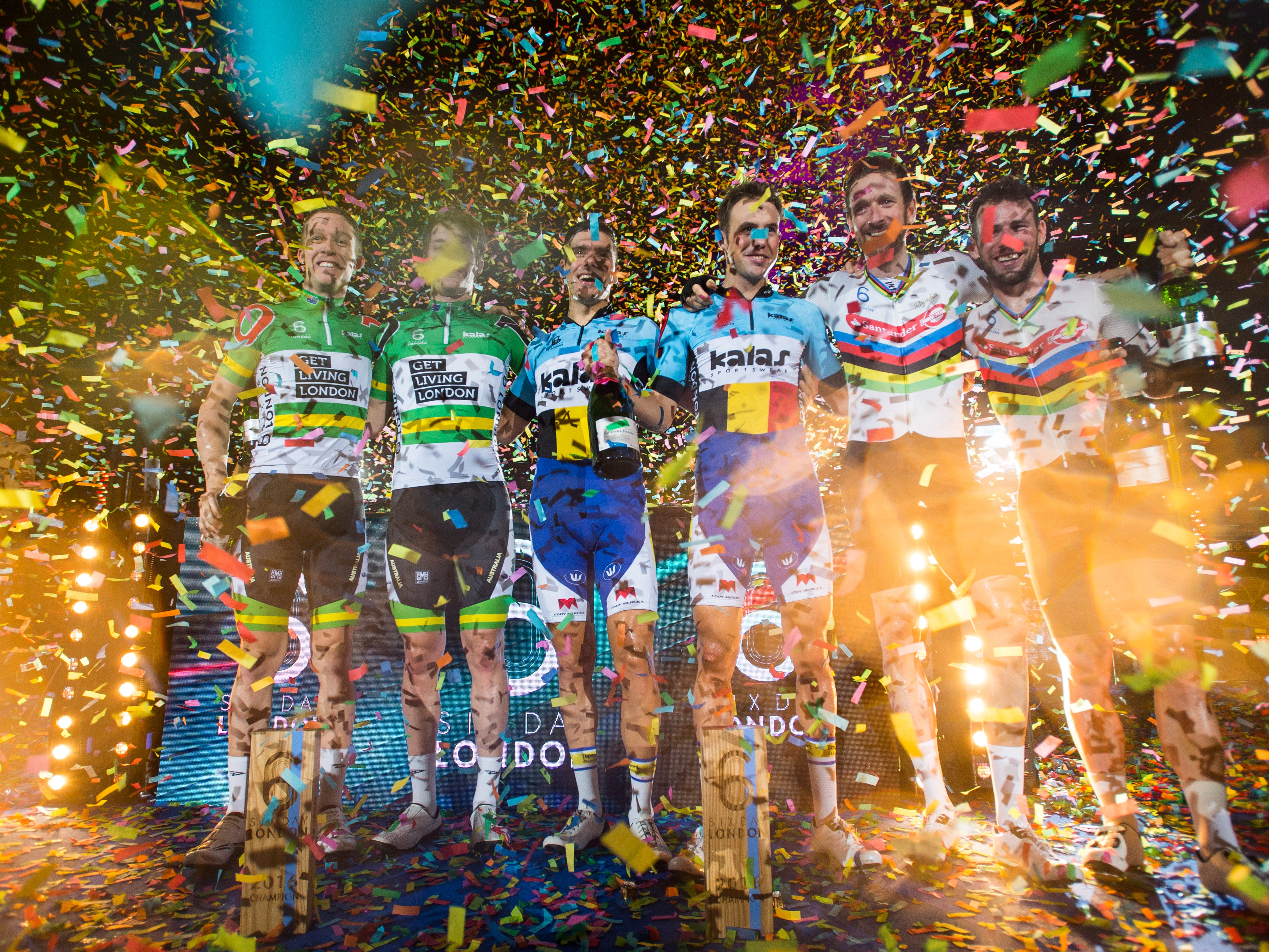 Wiggins (second right) celebrates on the podium after the final of the Six Day London in 2016