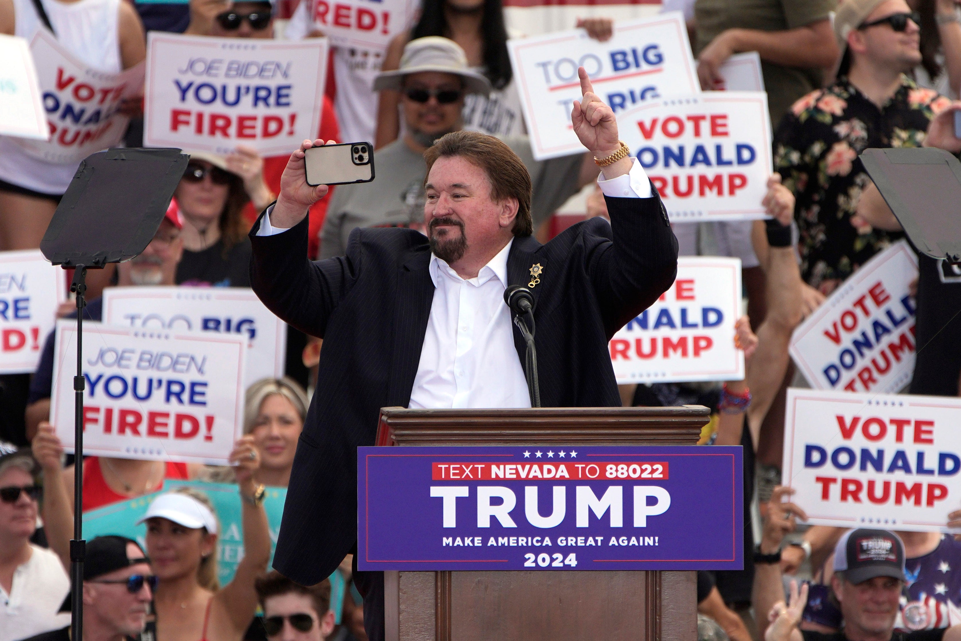Nevada GOP chair Michael McDonald speaks to Donald Trump’s supporters ata campaign rally in Las Vegas on June 9. Charges against him and other so-called ‘fake electors’ were dismissed on June 21.