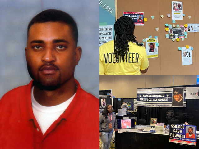 <p>Shelton Sanders, a USC-Columbia student, vanished 23 years ago. His sister Wilveria has never stopped looking — working as a volunteer at CrimeCon last year, pictured top right at the missing person’s wall, and then having a booth at this year’s event, bottom right, to tell her brother’s story </p>