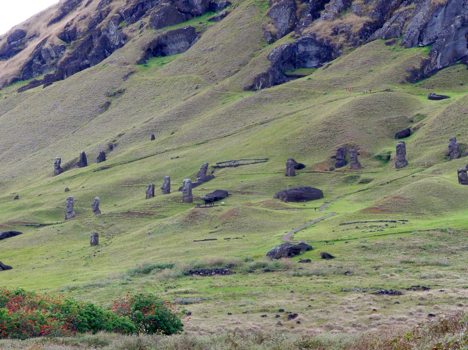 Giant stone statues on the outer slopes of Easter Island’s volcanic crater
