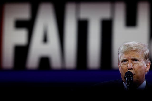 <p>Former President and Republican presidential candidate Donald Trump speaks at the Faith and Freedom Coalition’s ‘Road to Majority’ policy conference in Washington, June 22, 2024</p>