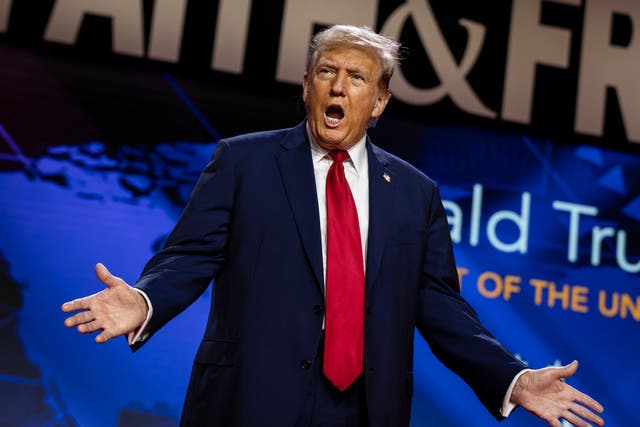 <p>Former President Donald Trump gestures to the crowd before delivering the keynote address at the Faith & Freedom Coalition’s Road to Majority Policy Conference at the Washington Hilton on June 22, 2024</p>