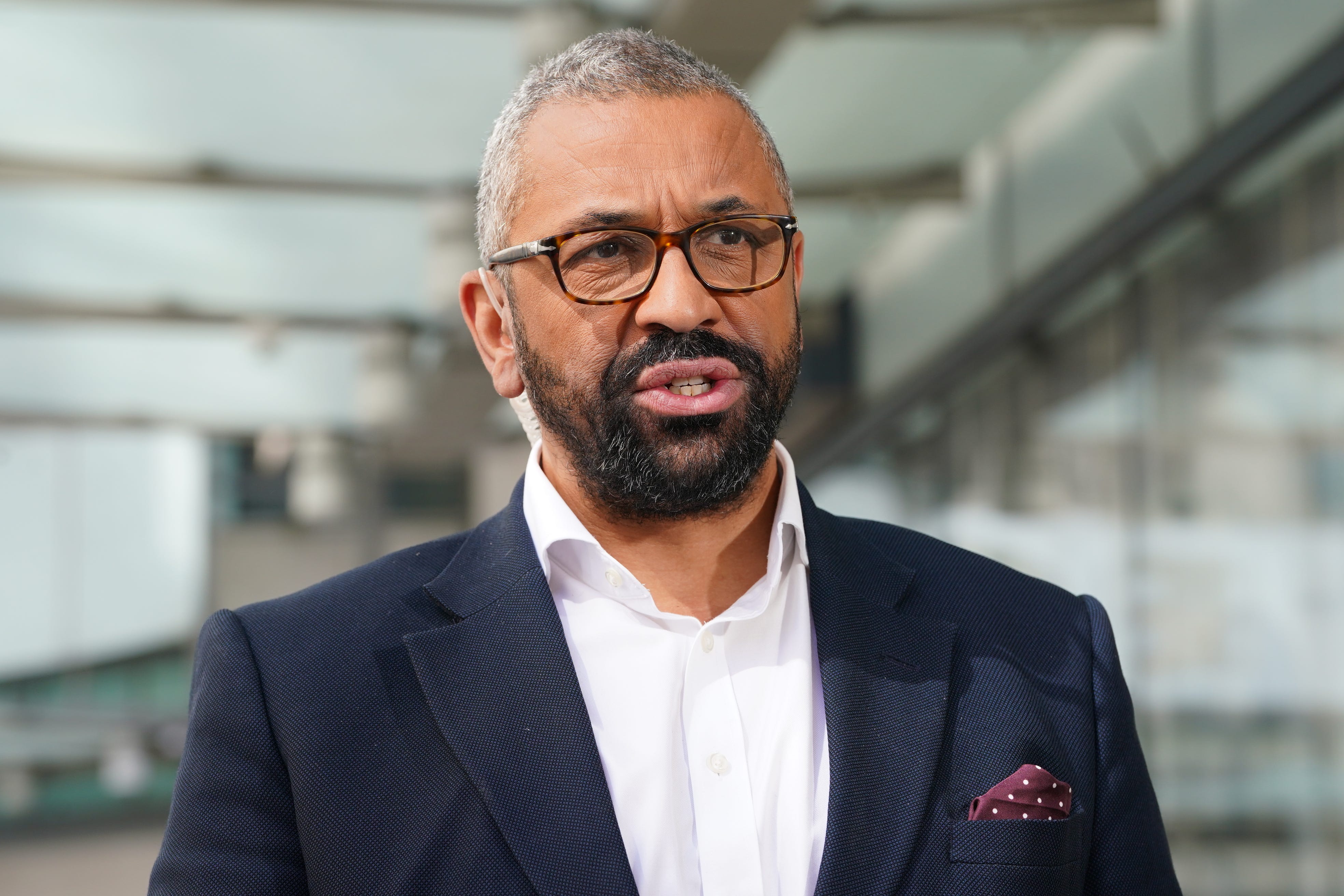 Home Secretary James Cleverly outside BBC Broadcasting House in London, after appearing on the BBC’s Sunday With Laura Kuenssberg programme (Lucy North/PA)