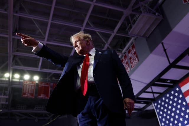 <p>Republican presidential candidate, former President Donald Trump walks offstage after speaking at a campaign rally at the Liacouras Center on June 22, 2024 in Philadelphia</p>