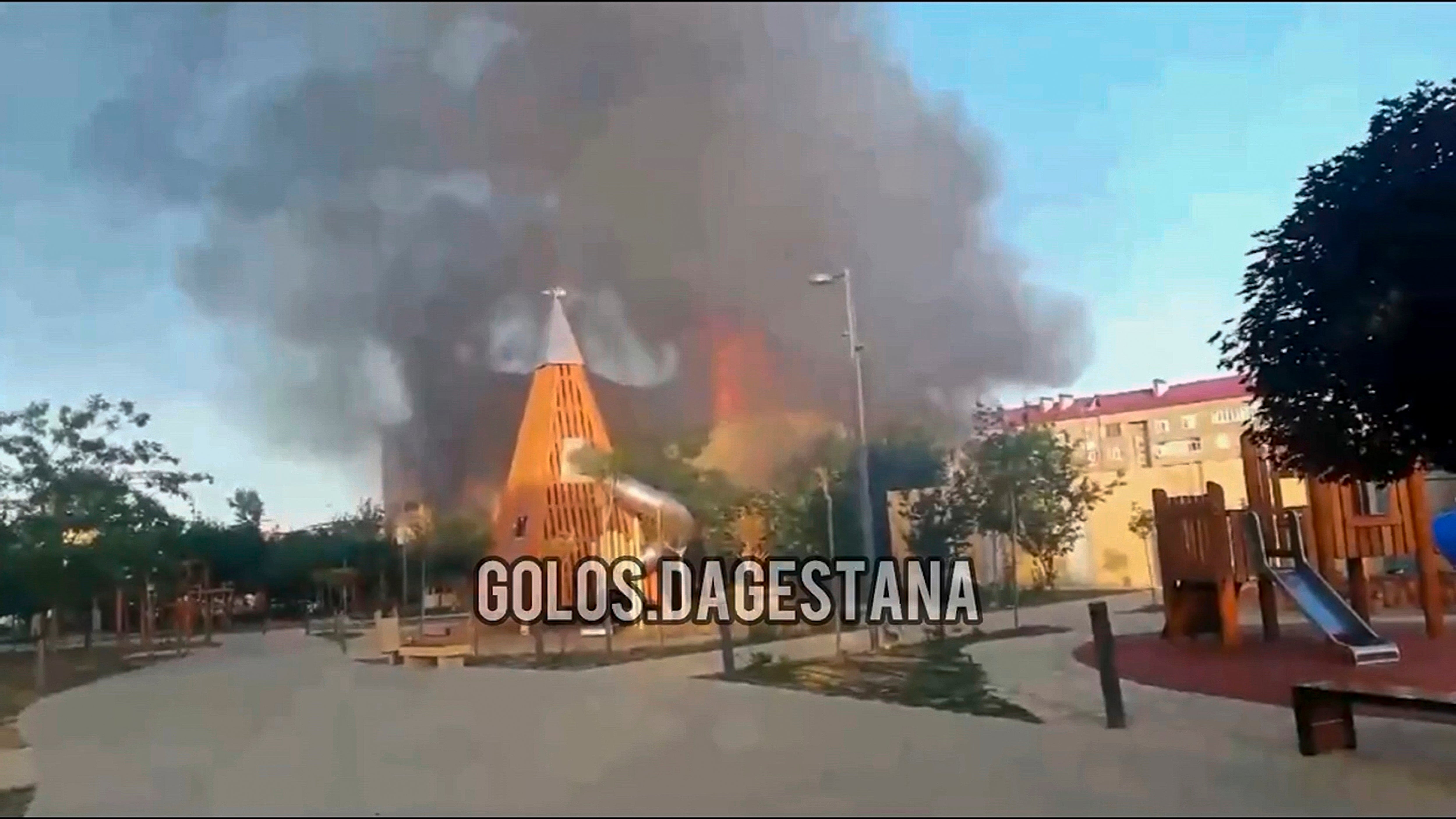 This photo from a video published by Golos Dagestana shows smoke rising after an attack in Makhachkala, in the Republic of Dagestan.