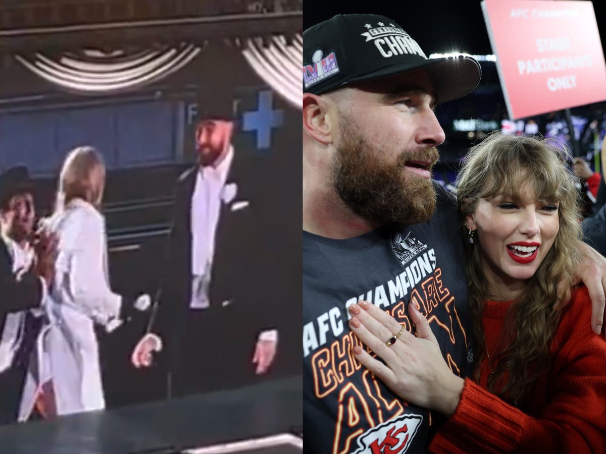 Travis Kelce makes surprise onstage appearance at Taylor Swift’s concert