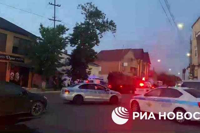 <p>This screengrab picture taken from video released on June 23, 2024 by Russian state news agency RIA Novosti shows an area sealed off by Police following deadly attacks on churches and a synagogue in Russia's North Caucasus region of Dagestan</p>