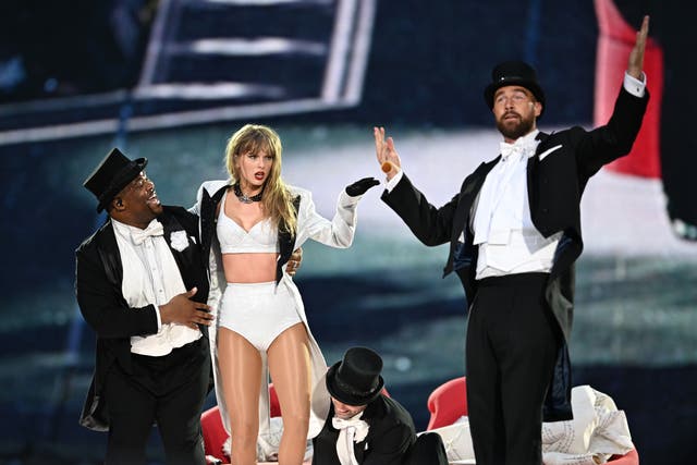 <p>Taylor Swift is joined on stage by Travis Kelce, during “Taylor Swift | The Eras Tour” at Wembley Stadium on 23 June 2024 in London, England <em>(Getty Images</em>) </p>