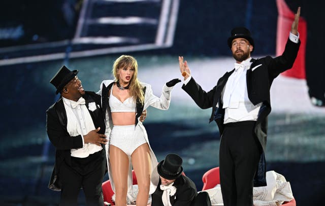 <p>Taylor Swift is joined on stage by Travis Kelce, during “Taylor Swift | The Eras Tour” at Wembley Stadium on 23 June 2024 in London, England <em>(Getty Images</em>) </p>